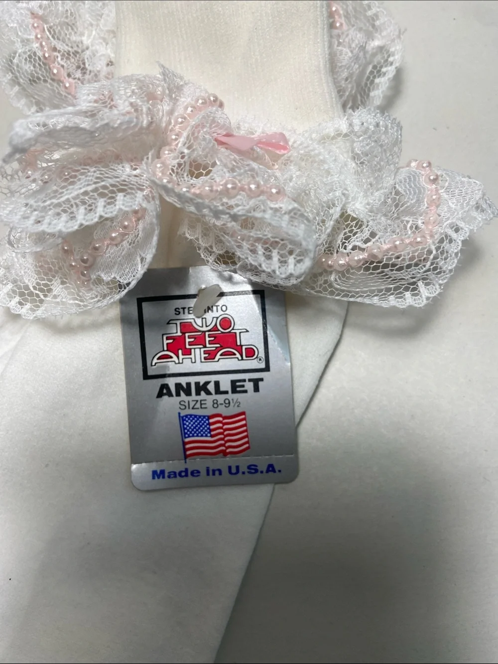 Two feet ahead lace and bead trimmed anklet socks vintage